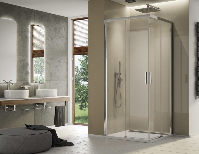 Kabina wejście narożne z drzwiami rozsuwanymi SANSWISS TOP-LINE S TLSAC 900 x 2000 mm srebrna połysk szkło hartowane przezroczyste z powłoką AQUAPERLE  | TLSAC0905007