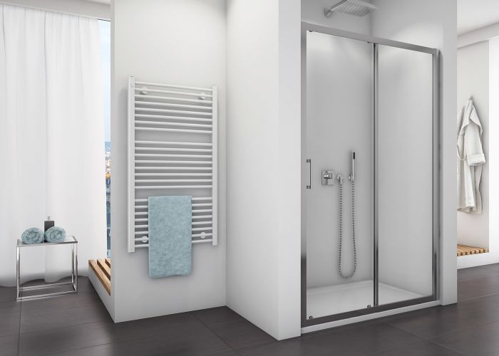 Drzwi rozsuwane 2-częściowe SANSWISS TOP-LINE TOPS2 1400 x 1900 mm srebrne połysk szkło hartowane przezroczyste z powłoką AQUAPERLE | TOPS214000107
