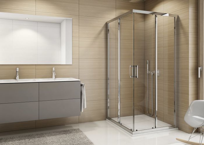 Drzwi rozsuwane, wejście narożne SANSWISS TOP-LINE strona prawa 900 x 1900 mm srebrne połysk szkło hartowane przezroczyste z powłoką AQUAPERLE  | TOPD09005007