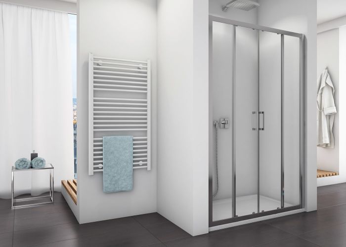 Drzwi rozsuwane czteroczęściowe SANSWISS TOP-LINE TOPS4 1600 x 1900 mm srebrne mat szkło hartowane przezroczyste z powłoką AQUAPERLE | TOPS416000107