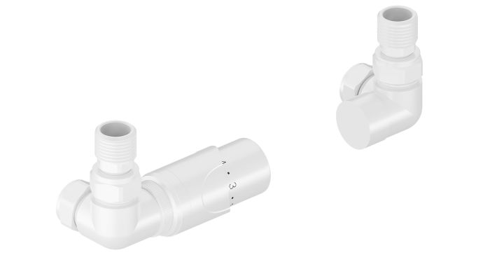 Zestaw osiowy termostatyczny Vario Term SKALAR R 1/2" zawiera zawór termostatyczny osiowy, zawór odcinający, głowicę termostatyczną, 2x złączki na PEX i 2x złączki na Cu biały  | SKATZTTB