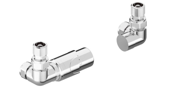 Zestaw osiowy termostatyczny Vario Term SKALAR R 1/2" zawiera zawór termostatyczny osiowy, zawór odcinający, głowicę termostatyczną, 2x złączki na PEX i 2x złączki na Cu chrom  | SKATZTTCR