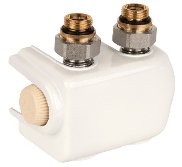 Zawór termostatyczny podwójny, kątowy instalacja 1-rurowa HONEYWELL Therafix Uniwersal GZ 3/4" 145x100x80 mm w zestawie nypel redukcyjny na 1/2" oraz osłona ozdobna biała biały | V2464EDWUY015