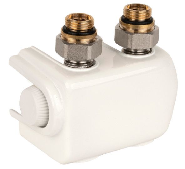 Zawór termostatyczny podwójny, kątowy HONEYWELL Therafix Uniwersal GZ 3/4" 145x100x80 mm w zestawie nypel redukcyjny na 1/2" oraz osłona ozdobna biała | V2473EDWSY015