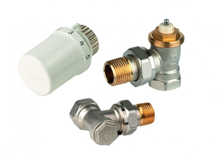 Zestaw grzejnikowy kątowy do grzejników bocznozasilanych HONEYWELL 1/2" zawiera: głowicę Thera-6 (T3019W0) + zawór termostatyczny V2020SX kątowy + zawór powrotny 1/2" V2420 kątowy | VTL3020ES15