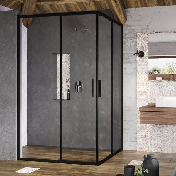Kabina narożna z drzwiami przesuwnymi, czteroelementowa z wejściem z rogu RAVAK Blix Slim BLSRV2K-100 1000 x 1950 mm czarny szkło hartowane transparent | X1XMA0300Z1