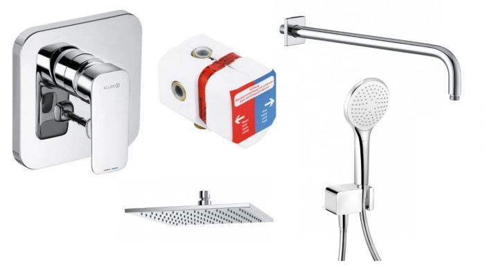 Zestaw łazienkowy podtynkowy 5w1 KLUDI PURE&STYLE długość ramienia: 400 mm, głowica: 250 x 250 mm chrom w komplecie: PURE&STYLE bateria wannowo-natryskowa 404190575, element podtynkowy 38636, A-QA ramię 665340500, FRESHLINE zestaw wannowo-natryskowy 67870