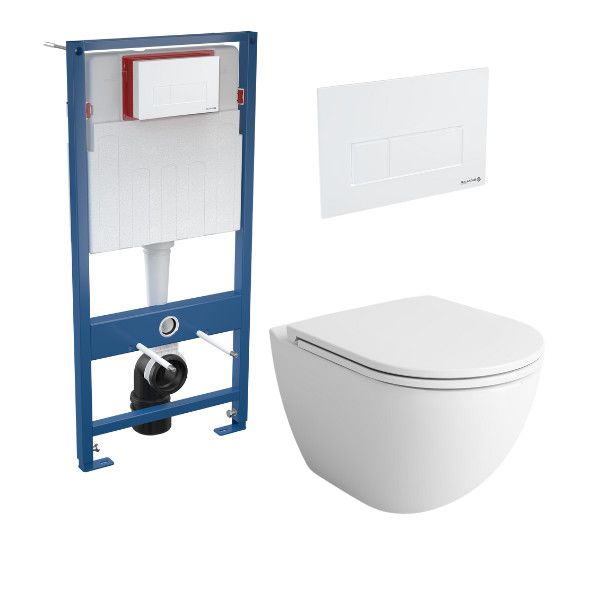 Stelaż z miską SANPOL LUKKA zawiera: stelaż podtynkowy 51x12,9x109,5cm, dopływ wody od tyłu, podwójne spłukiwanie mechaniczne 2/4 litra, z przyciskiem białym, miska WC wisząca bezkołnierzowa 36,5x51,5x33cm, deska wolnoopadająca | 541204111187K1VL+SKASETB
