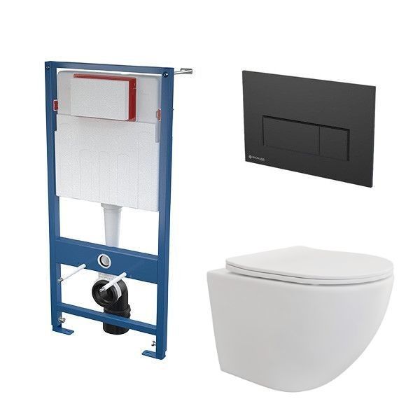 Stelaż do WC podtynkowy SANPOL NERIO VITALLE z miską WC NERIO i przyciskiem czarnym SKALAR  | MIS001SANNER+SKA501+SKA578