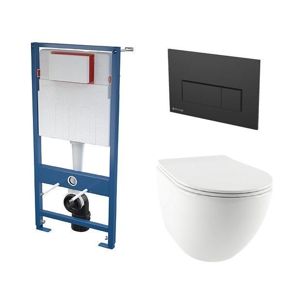Stelaż do WC podtynkowy SANPOL NERIO GRANDE VITALLE z miską WC NERIO GRANDE i przyciskiem czarnym SKALAR  | MIS002SANNRG+SKA501+SKA578