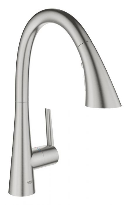 Bateria kuchenna stojąca GROHE Zedra 1-uchwytowa 1-otworowa mosiężna DN 15 stal nierdzewna z wyciąganą obrotową wylewką 140° | 32294DC2
