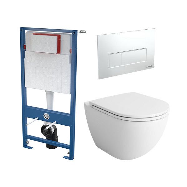 Stelaż z miską SANPOL LUKKA zawiera: stelaż podtynkowy 51x12,9x109,5cm, dopływ wody od tyłu, podwójne spłukiwanie mechaniczne 2/4 litra, z przyciskiem chrom, miska WC wisząca bezkołnierzowa 36,5x51,5x33cm, deska wolnoopadająca | 541204111187K1VL+SKASETC