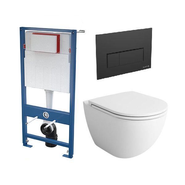 Stelaż z miską SANPOL LUKKA zawiera: stelaż podtynkowy 51x12,9x109,5cm, dopływ wody od tyłu, podwójne spłukiwanie mechaniczne 2/4 litra, z przyciskiem czarnym, miska WC wisząca bezkołnierzowa 36,5x51,5x33cm, deska wolnoopadająca  | 541204111187K1VL+SKA501