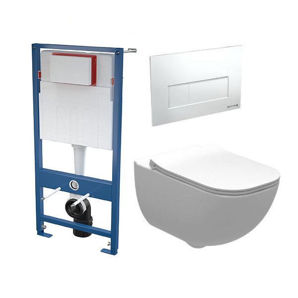 Stelaż z miską PALO zawiera: stelaż podtynkowy 51x12,9x109,5cm, dopływ wody od tyłu, podwójne spłukiwanie mechaniczne 2/4L, z przyciskiem chrom, miska WC wisząca bezkołnierzowa z ukrytymi mocowaniami 34,7x54x35,5cm z sitkiem tłumiącym,deska wolnoopadająca