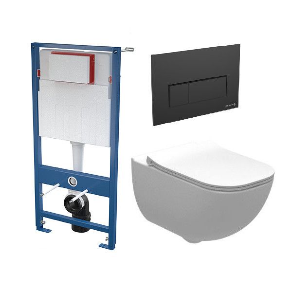 Stelaż z miską SANPOL PALO zawiera: stelaż podtynkowy 51x12,9x109,5cm, dopływ wody od tyłu, podwójne spłukiwanie mechaniczne 2/4L, z przyciskiem czarnym, miska WC wisząca bezkołnierzowa z ukrytymi mocowaniami 34,7x54cm z sitkiem tłumiącym, deska wolnoopad