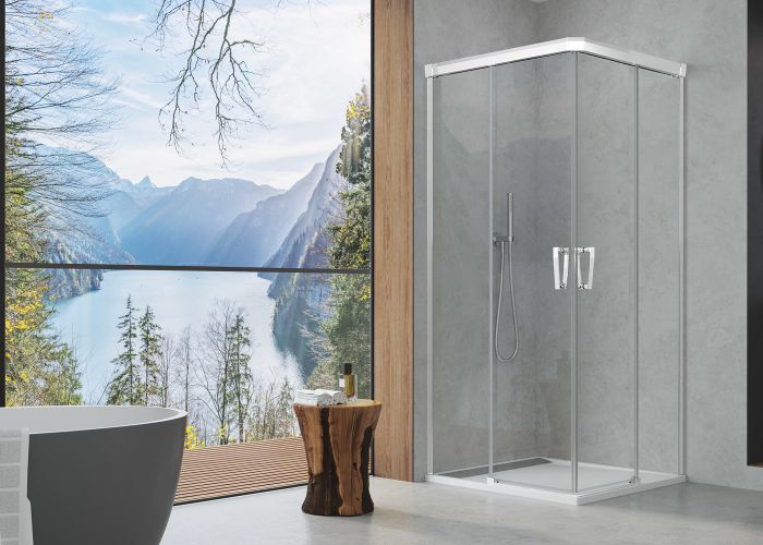 Drzwi rozsuwane dwuczęściowe wejście narożne SANSWISS CADURA CAE2 strona lewa 900 x 2000 mm czarne mat szkło hartowane przezroczyste z powłoką AQUAPERLE | CAE2G0900607