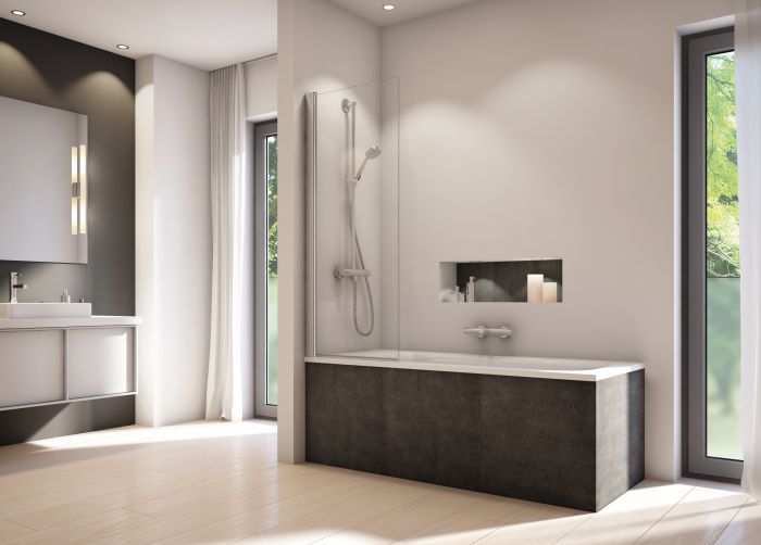 Parawan 1-częściowy obrotowy 180° SANSWISS SOLINO SOEB1 850 x 1500 mm srebrny połysk szkło hartowane przezroczyste z powłoką AQUAPERLE | SOEB108505007