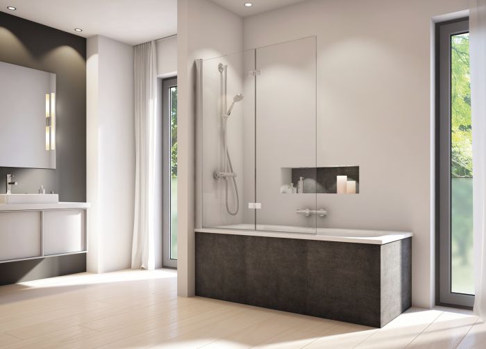 Parawan 2-częściowy składany SANSWISS SOLINO strona prawa 1200 x 1500 mm srebrny połysk szkło hartowane przezroczyste z powłoką AQUAPERLE | SOLB2D1205007