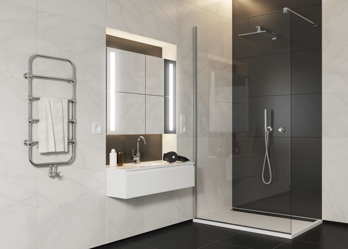 Ścianka boczna wolnostojąca WALK-IN SANSWISS EASY STR4PX 1200 x 2250 mm srebrna połysk szkło hartowane 8 mm przezroczyste z powłoką AQUAPERLE | STR4PX1205007
