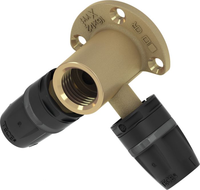 Kolano mosiądz standard naścienne podwójne połączenie wtykowe typ "push" TECElogo 16 mm x GW 1/2" x 16 mm