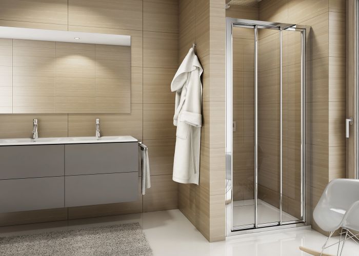 Drzwi przesuwne 3-częściowe SANSWISS TOP-LINE TOPS3 900 x 1900 mm srebrne połysk szkło hartowane satyna z powłoką AQUAPERLE | TOPS309005049
