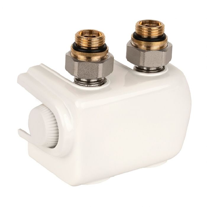 Zawór termostatyczny podwójny, kątowy HONEYWELL Therafix Uniwersal GZ 3/4" 145x100x80 mm w zestawie nypel redukcyjny na 1/2" oraz osłona ozdobna | V2474EDWSY015