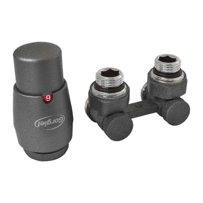 Zestaw grzejnikowy GORGIEL 50 mm zawiera: zawór kątowy podwójny odcinający 1/2" z głowicą termostatyczną w kolorze | 2207011114