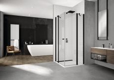 Drzwi jednoczęściowe ze ścianką stałą w linii SANSWISS SOLINO SOL13 900 x 2000 mm czarne mat szkło hartowane przezroczyste z powłoką AQUAPERLE  | SOL1309000607