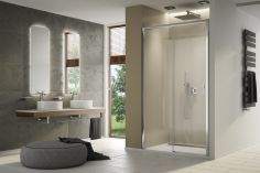 Drzwi rozsuwane 2-częściowe SANSWISS TOP-LINE-S TLS2 strona prawa 1200 x 2000 mm białe szkło hartowane Pas satynowy poziomy z powłoką AQUAPERLE  | TLS2D1200451