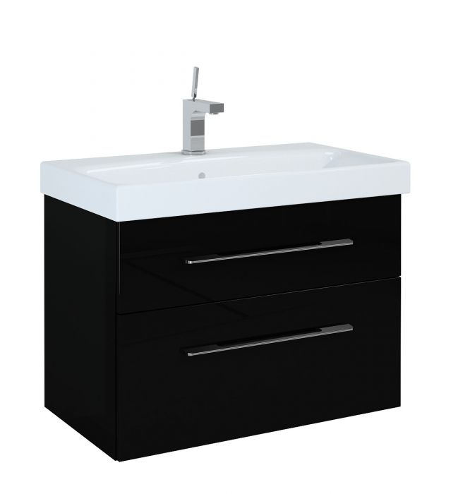 Barcelona szafka podumywalkowa podwieszana 80 2S 2 szuflady, górna szuflada wyposażona w organizer 801 x 420 x 540 mm front i korpus wykonany z płyty 16mm laminowanej czarna wysoki połysk z mechanizmem cichego domyku,
