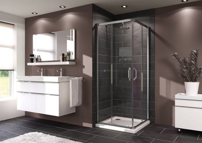 Ena 2.0 kabina narożna kwadratowy 800 x 800 x 1900 mm srebrna połysk szkło hartowane przezroczyste Anti-Plaque drzwi rozsuwane 2 częściowe