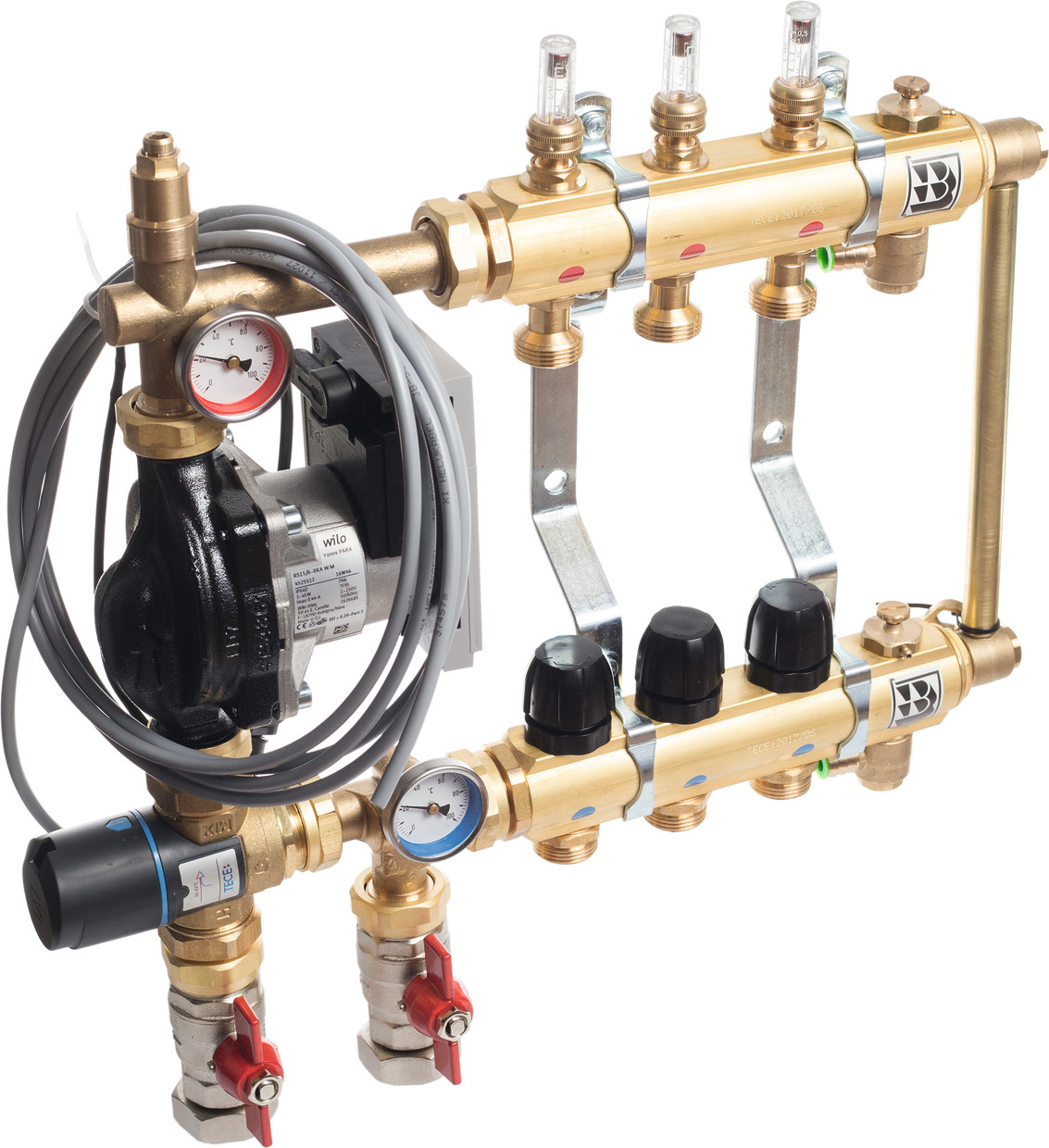Rozdzielacz mosiężny 8-sekcyjny z termostatycznym zaworem trójdrogowym i mieszaczem pompowym (pompa elektroniczna) TECE TECEfloor  | 77332518