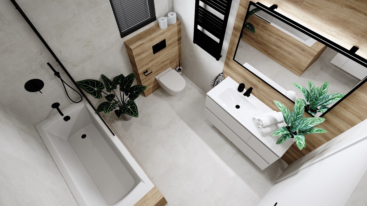 łazienka szara z drewnem