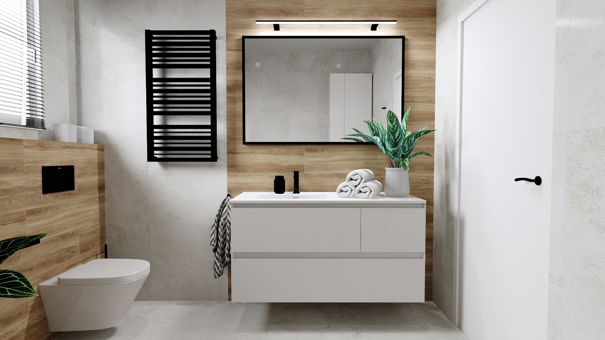 łazienka szara z drewnem